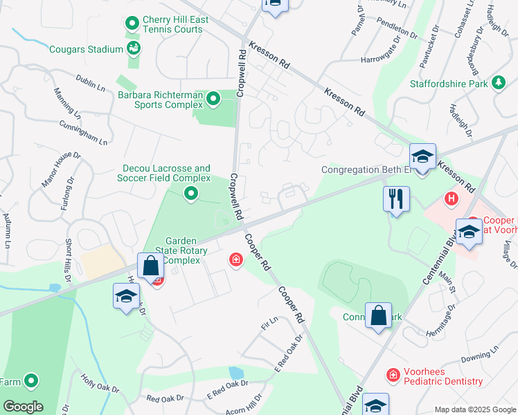 map of restaurants, bars, coffee shops, grocery stores, and more near 1832 The Woods II in Cherry Hill