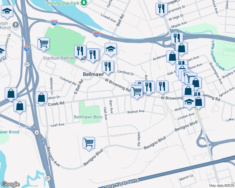 map of restaurants, bars, coffee shops, grocery stores, and more near 7 Thomas Avenue in Bellmawr