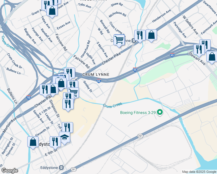 map of restaurants, bars, coffee shops, grocery stores, and more near 1147 Adams Street in Crum Lynne