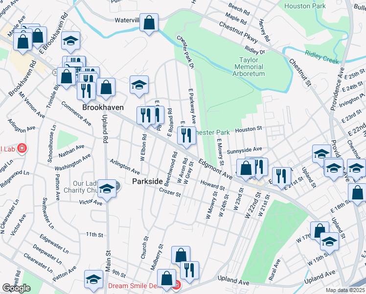 map of restaurants, bars, coffee shops, grocery stores, and more near 15 East Avon Road in Brookhaven