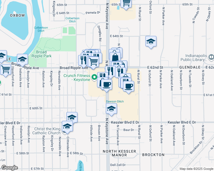 map of restaurants, bars, coffee shops, grocery stores, and more near 6170 North Keystone Avenue in Indianapolis