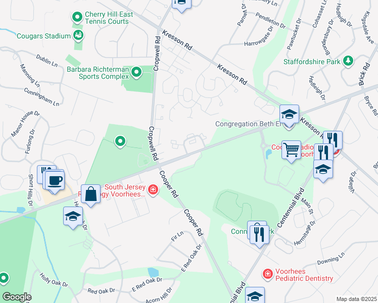 map of restaurants, bars, coffee shops, grocery stores, and more near 1953 The Woods II in Cherry Hill