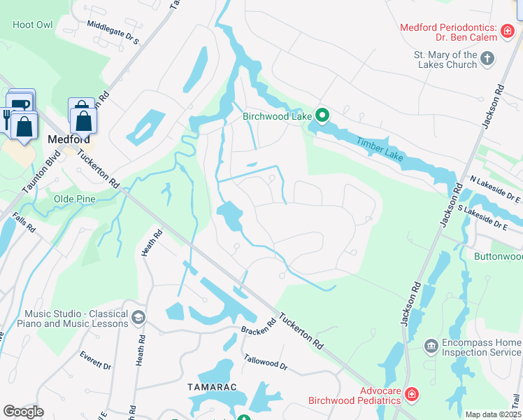 map of restaurants, bars, coffee shops, grocery stores, and more near 11 Friar Tuck Drive in Medford