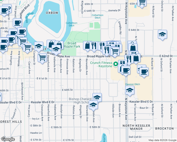 map of restaurants, bars, coffee shops, grocery stores, and more near 6154 Crittenden Avenue in Indianapolis
