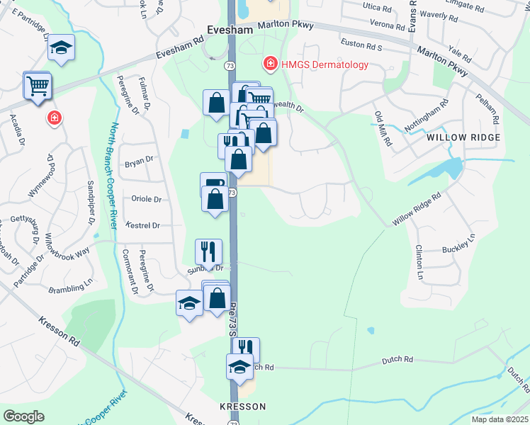 map of restaurants, bars, coffee shops, grocery stores, and more near 750 New Jersey 73 in Evesham