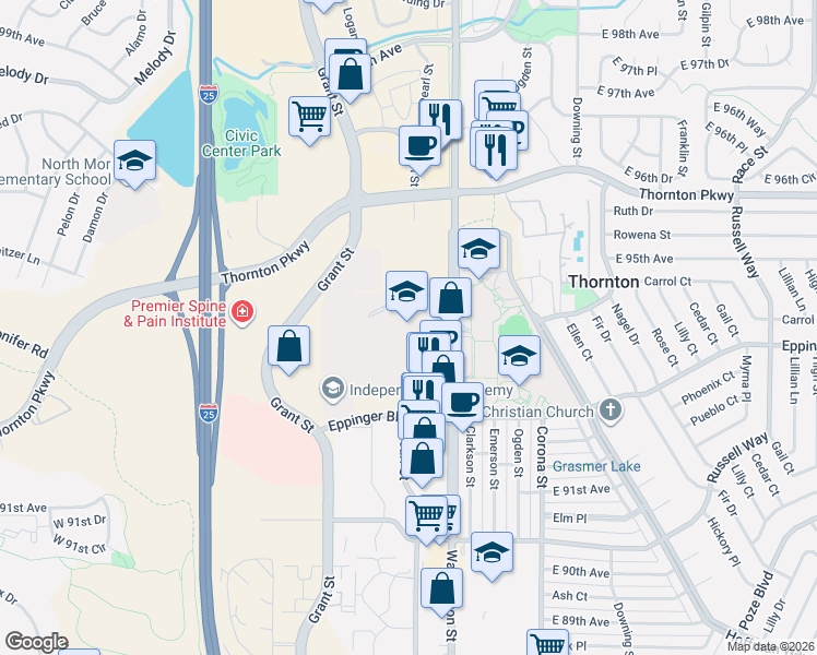 map of restaurants, bars, coffee shops, grocery stores, and more near 9351 Washington Street in Thornton