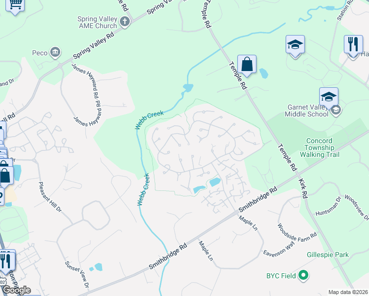 map of restaurants, bars, coffee shops, grocery stores, and more near 1106 South Fox Cub Hollow in Glen Mills