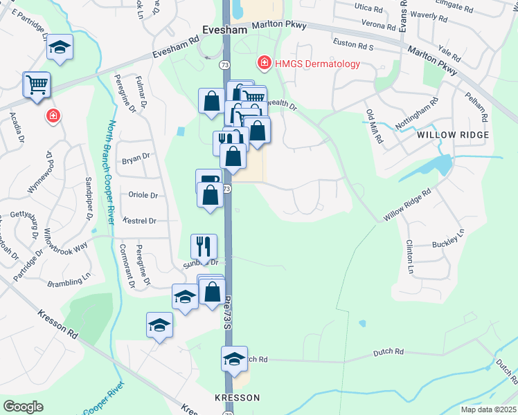 map of restaurants, bars, coffee shops, grocery stores, and more near 750 New Jersey 73 in Evesham