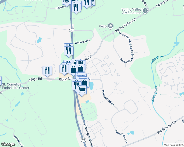 map of restaurants, bars, coffee shops, grocery stores, and more near 104 Meadow Court in Glen Mills