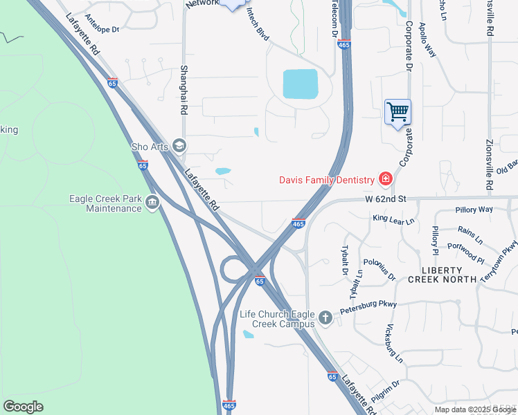 map of restaurants, bars, coffee shops, grocery stores, and more near 6449 West 62nd Street in Indianapolis