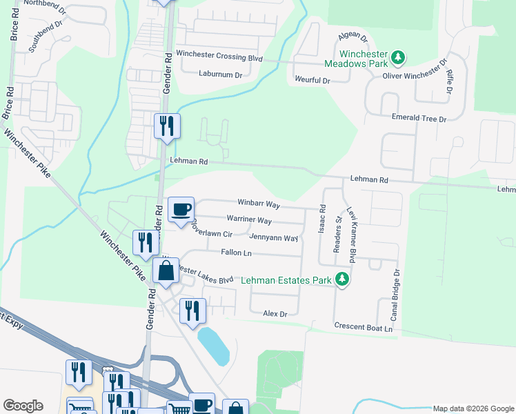 map of restaurants, bars, coffee shops, grocery stores, and more near 6659 Winbarr Way in Canal Winchester