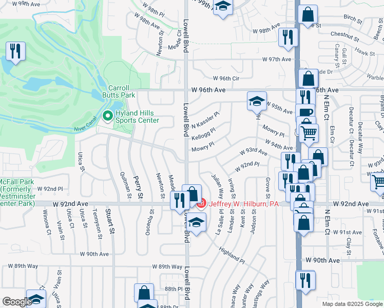 map of restaurants, bars, coffee shops, grocery stores, and more near 3591 Mowry Place in Westminster