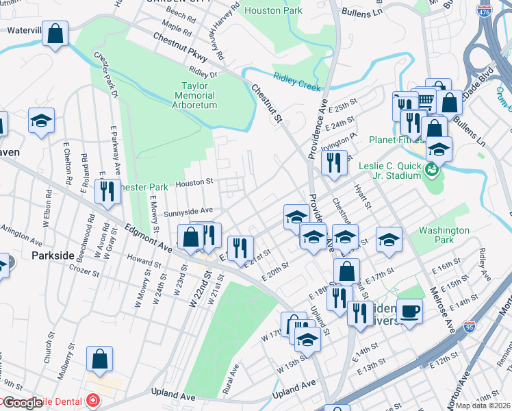 map of restaurants, bars, coffee shops, grocery stores, and more near 301 East 24th Street in Chester