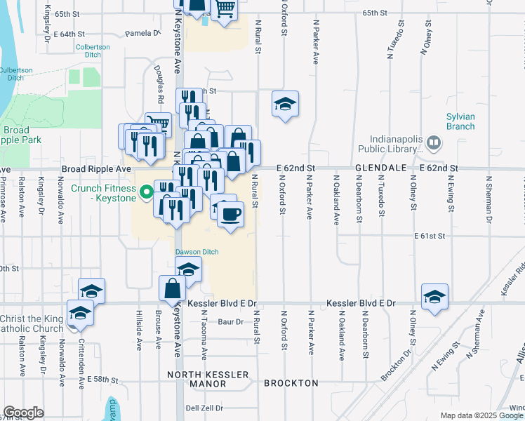 map of restaurants, bars, coffee shops, grocery stores, and more near 6150 North Oxford Street in Indianapolis