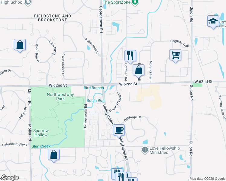 map of restaurants, bars, coffee shops, grocery stores, and more near 6130 Countrybrook Court in Indianapolis
