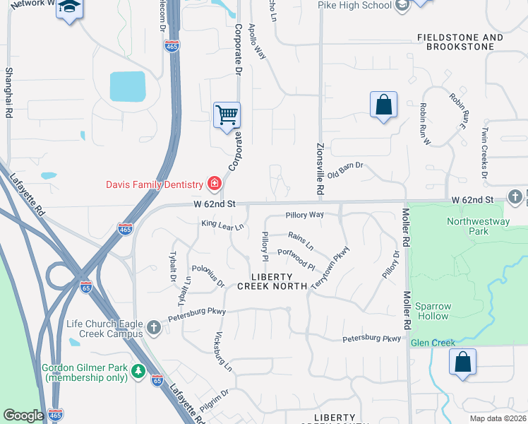 map of restaurants, bars, coffee shops, grocery stores, and more near 5806 West 62nd Street in Indianapolis
