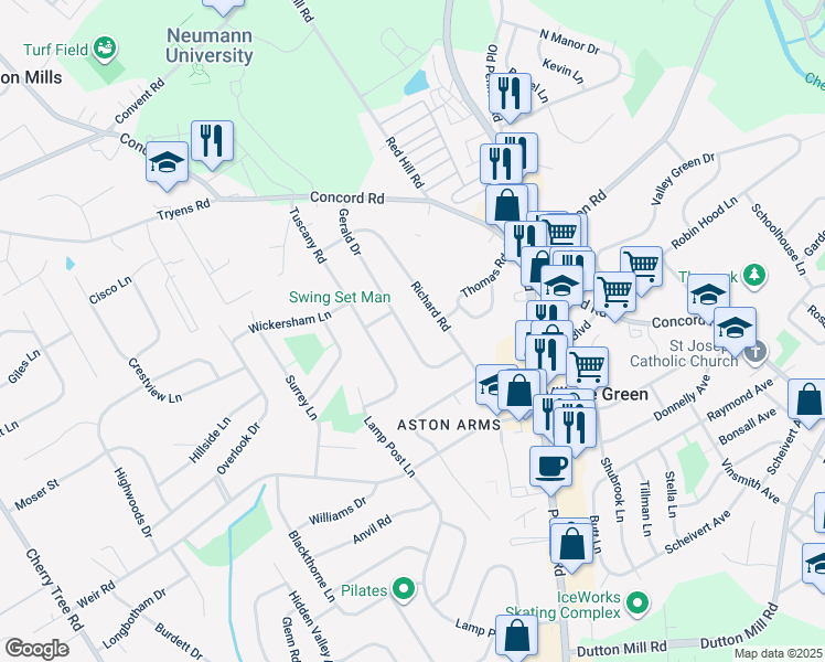 map of restaurants, bars, coffee shops, grocery stores, and more near 207 Gerald Drive in Aston