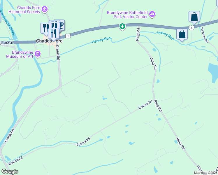 map of restaurants, bars, coffee shops, grocery stores, and more near 50 Old Orchard Lane in Chadds Ford