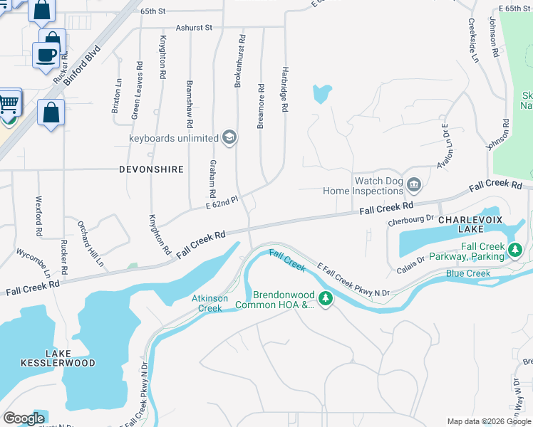 map of restaurants, bars, coffee shops, grocery stores, and more near 6047 Brokenhurst Road in Indianapolis