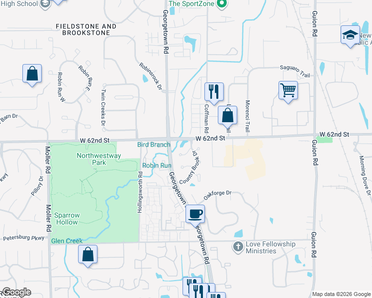 map of restaurants, bars, coffee shops, grocery stores, and more near 6130 Countrybrook Court in Indianapolis