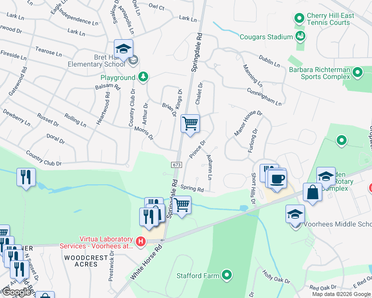 map of restaurants, bars, coffee shops, grocery stores, and more near 6 Winter Place in Cherry Hill
