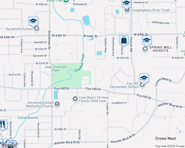 map of restaurants, bars, coffee shops, grocery stores, and more near 6140 Munsee Lane in Indianapolis