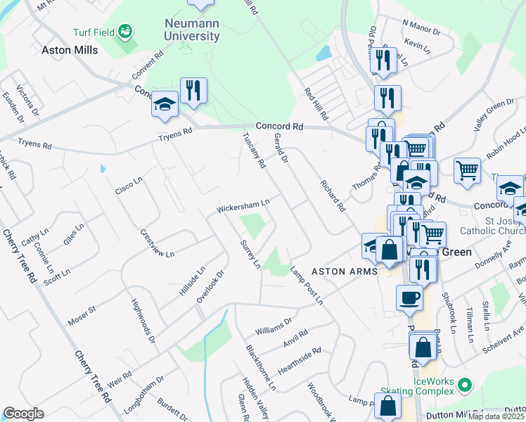 map of restaurants, bars, coffee shops, grocery stores, and more near 3000 Hetherton Drive in Aston