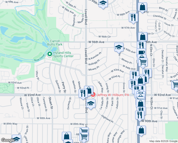 map of restaurants, bars, coffee shops, grocery stores, and more near 3591 Mowry Place in Westminster