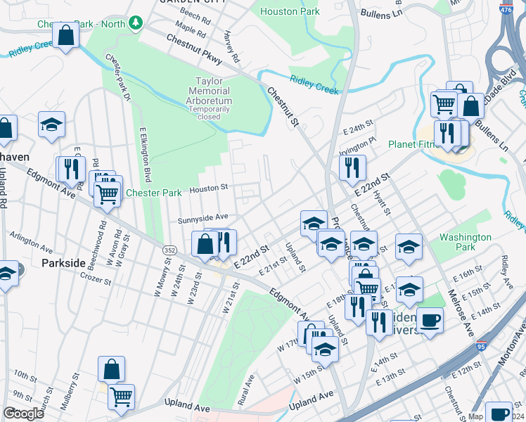 map of restaurants, bars, coffee shops, grocery stores, and more near 2318 Upland Street in Chester