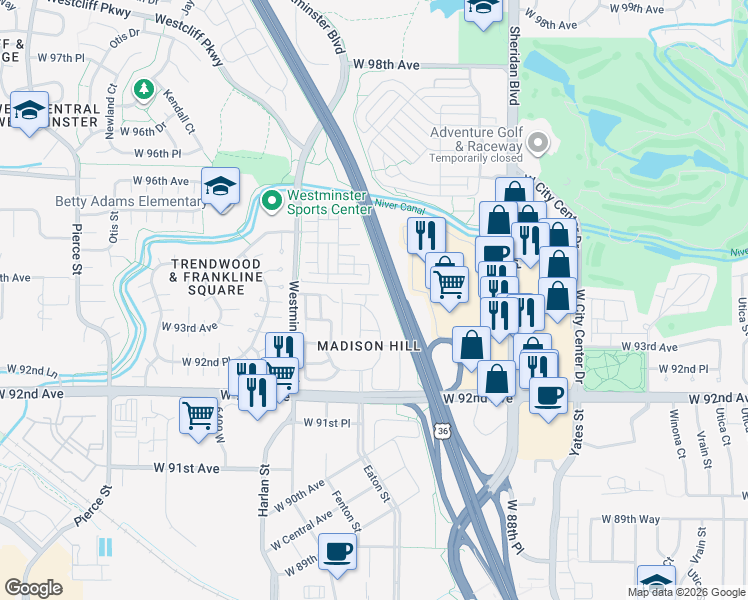 map of restaurants, bars, coffee shops, grocery stores, and more near 105 West 92nd Avenue in Westminster