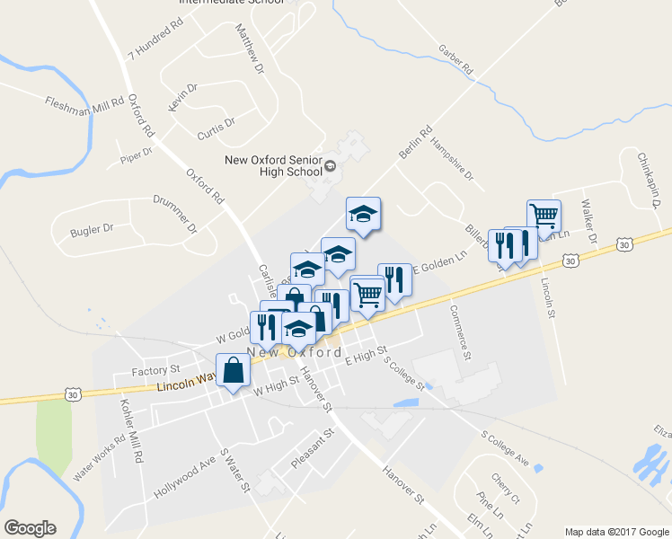 map of restaurants, bars, coffee shops, grocery stores, and more near 116 North Berlin Avenue in New Oxford