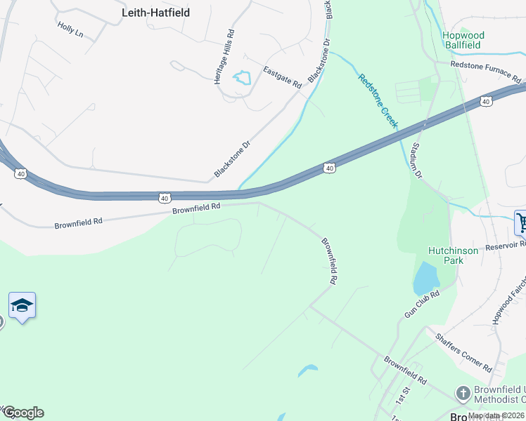 map of restaurants, bars, coffee shops, grocery stores, and more near 1182 Brownfield Rd in Uniontown
