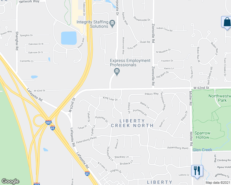 map of restaurants, bars, coffee shops, grocery stores, and more near 6141 Macbeth Court in Indianapolis