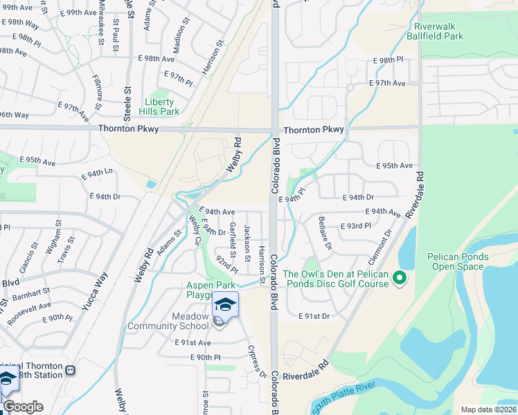 map of restaurants, bars, coffee shops, grocery stores, and more near 3849 East 94th Avenue in Thornton