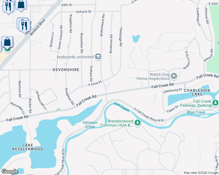 map of restaurants, bars, coffee shops, grocery stores, and more near 6047 Brokenhurst Road in Indianapolis