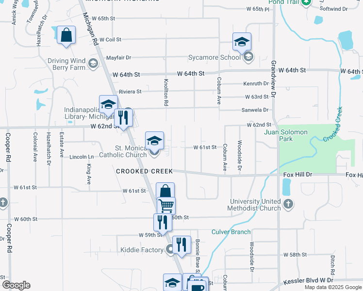 map of restaurants, bars, coffee shops, grocery stores, and more near 6109 Knollton Road in Indianapolis