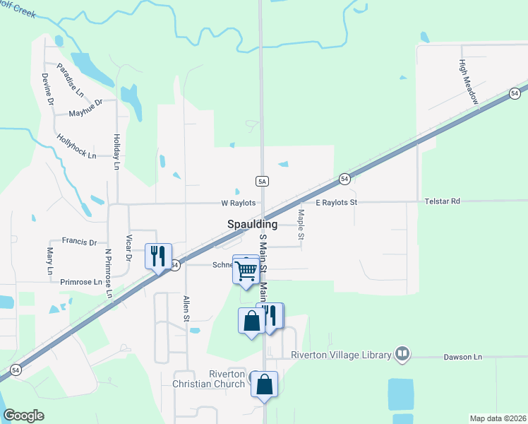map of restaurants, bars, coffee shops, grocery stores, and more near 32 N Main St in Spaulding