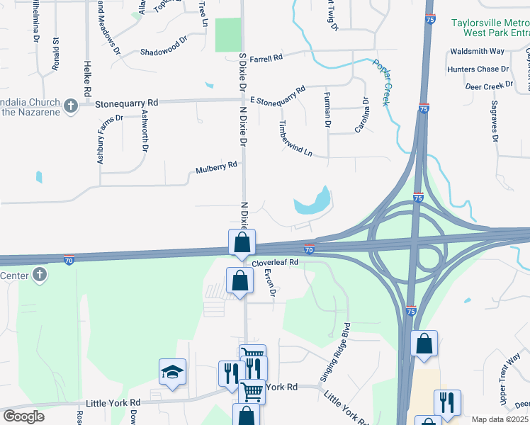 map of restaurants, bars, coffee shops, grocery stores, and more near 100 Paddock Road in Dayton