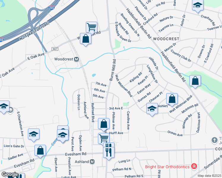 map of restaurants, bars, coffee shops, grocery stores, and more near 609 Burnt Mill Road in Cherry Hill