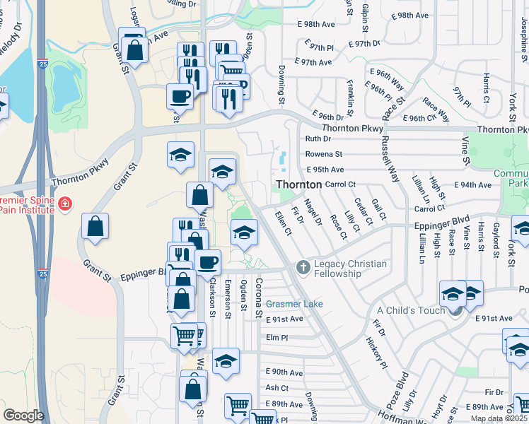 map of restaurants, bars, coffee shops, grocery stores, and more near 9380 Hoffman Way in Thornton