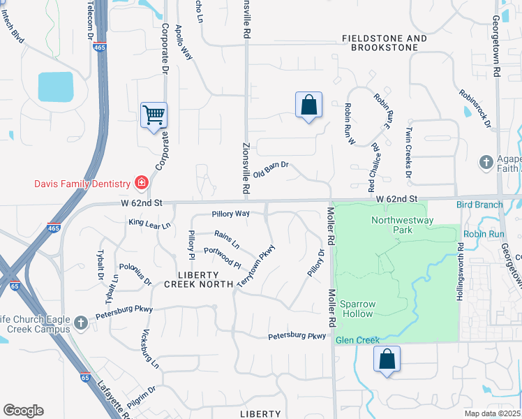 map of restaurants, bars, coffee shops, grocery stores, and more near 5564 Pillory Way in Indianapolis