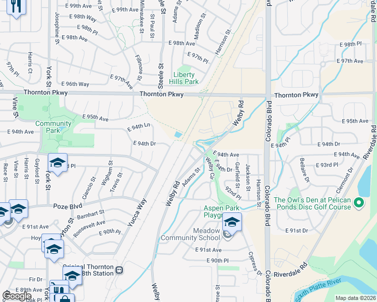 map of restaurants, bars, coffee shops, grocery stores, and more near 9321 Welby Road Terrace in Thornton
