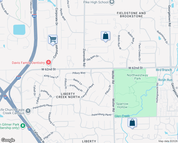 map of restaurants, bars, coffee shops, grocery stores, and more near 5564 Pillory Way in Indianapolis