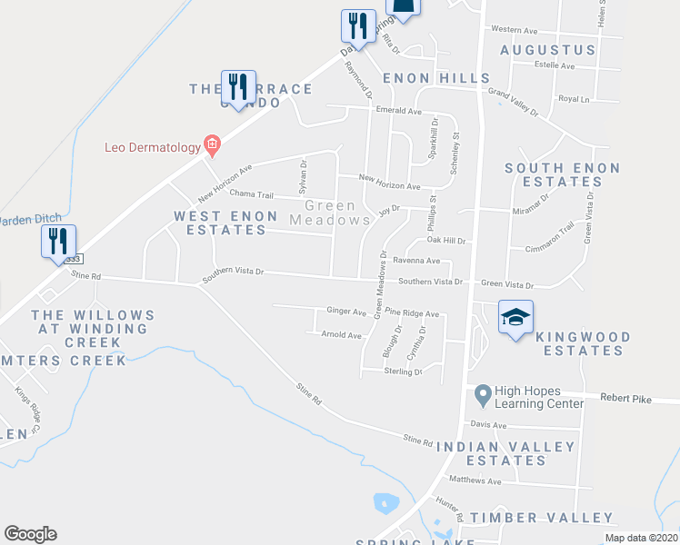 map of restaurants, bars, coffee shops, grocery stores, and more near 4356 Arrowhead Trail in Enon