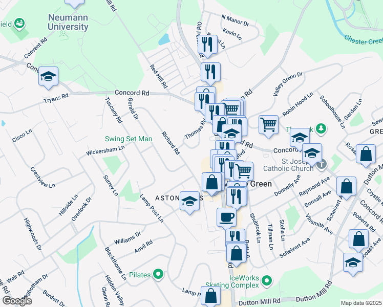 map of restaurants, bars, coffee shops, grocery stores, and more near 5 Aston Court in Village Green