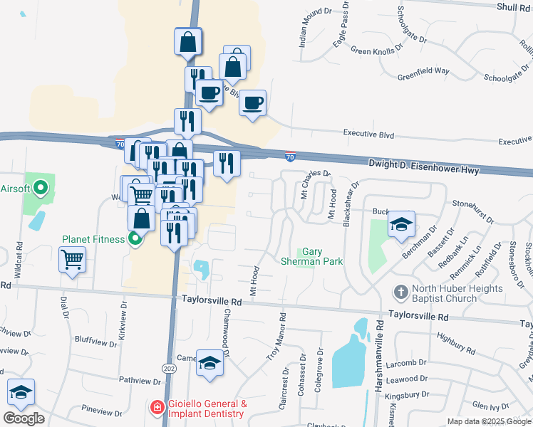 map of restaurants, bars, coffee shops, grocery stores, and more near 8036 Mount Everest Street in Huber Heights