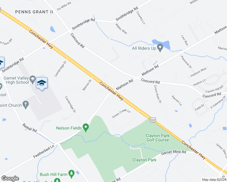 map of restaurants, bars, coffee shops, grocery stores, and more near Conchester Highway in Glen Mills