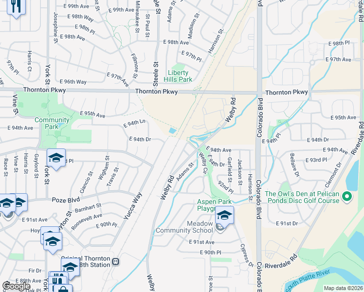 map of restaurants, bars, coffee shops, grocery stores, and more near 9321 Welby Road Terrace in Thornton