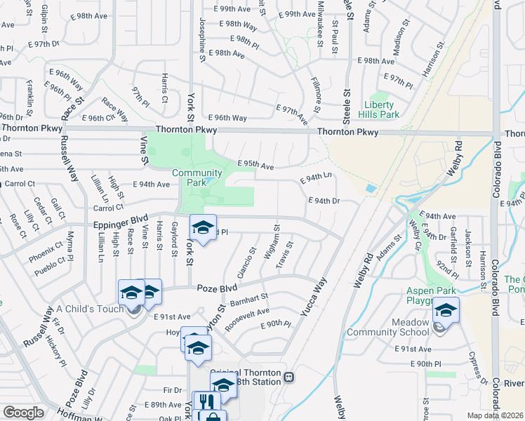 map of restaurants, bars, coffee shops, grocery stores, and more near 2621 Eppinger Boulevard in Thornton