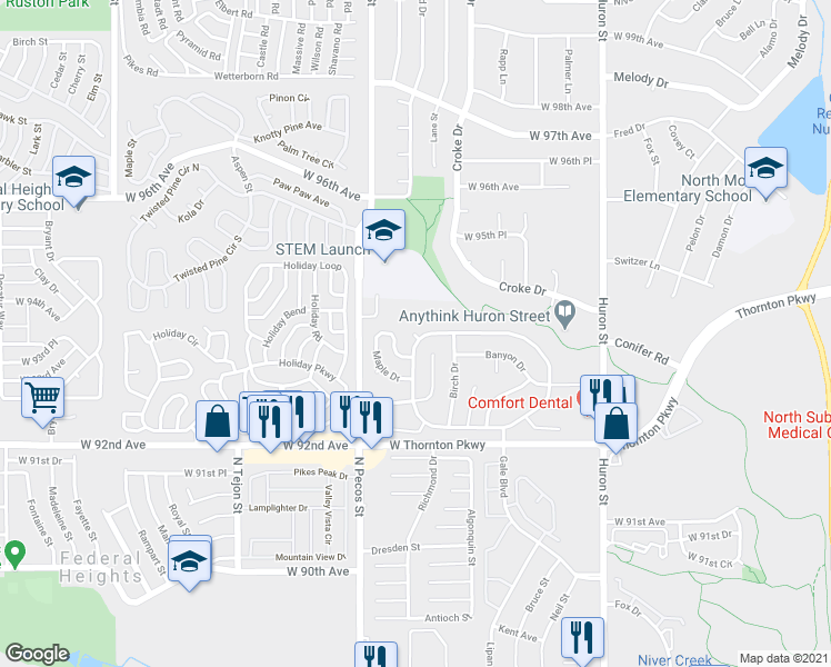 map of restaurants, bars, coffee shops, grocery stores, and more near Kola Drive in Thornton